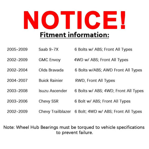 Fitment information for Pair Front Wheel Hub Bearing Assembly With Abs Sensor Fits Chevrolet Trailblazer Gmc Envoy Buick 6 Lug Replaces 513188.