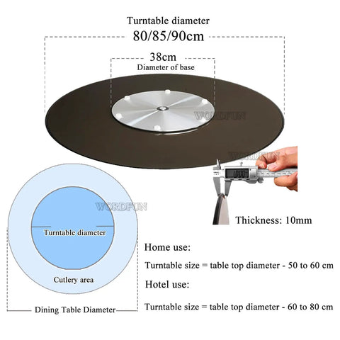 Kick Back Heavy Duty Tempered Glass Lazy Susan Turntable 31 To 35 Inch Round with 10mm thickness and 38cm base diameter.