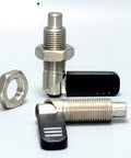 Built Tough Lever Type Indexing Plunger Spring Loaded Set Screw With Pin 180 Degree Secure Lock Fine Metric Thread M20 By 1.5 MM Single Piece display with hex nut and black lever.