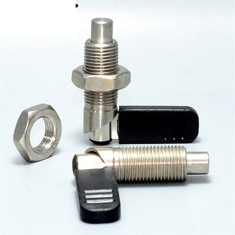 Heavy Duty Lever Indexing Plunger Pin With M20x1.5 Fine Thread And Snug Compression Spring displayed from the front and side views.