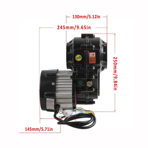 Beefed Up Complete 30 Inch Rear Axle And 48V 1000W Electric Differential Motor side view with dimensions for go-kart power kit.