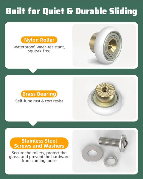 Heavy Hitter Sliding Shower Door Rollers Replacement Kit With Silky Smooth Nylon Wheels And Heavy Duty Brass Shafts for nylon roller and brass bearing details.