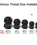 Various thread sizes of cable glands displayed including NPT 1 1/4, NPT 1, NPT 3/4, NPT 1/2, and NPT 1/4.