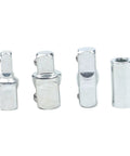 Four Piece Ratchet Wrench Socket Adapter Set With Chrome Vanadium Steel Construction Drive Converters And Reducers For Quarter Inch Three Eighths Inch And Half Inch Sizes Pro Grade Auto Repair And DIY neatly arranged on white background