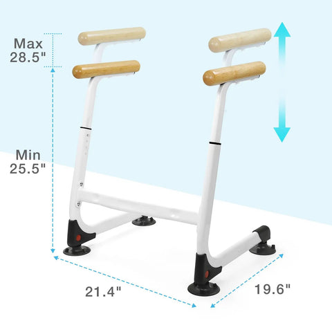 Adjustable Height Toilet Safety Rails With Wood Finishes Big Time 350 Lb support, showing measurements 28.5 in max height.