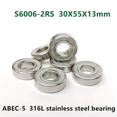 10 Pack S6006 2RS 316L Marine Grade Stainless Steel Deep Groove Ball Bearings 30 X 55 X 13 Millimeter stacked in view.