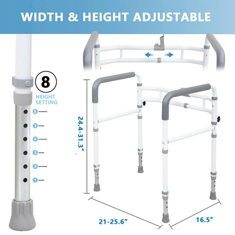 Heavy Duty Toilet Safety Rail For Seniors With Adjustable Height And Width Frame No Nonsense Support Handles Up To 350 Lbs Non Slip Bathroom Grab Bar with height adjustment details.
