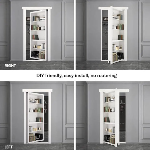 Solid As A Rock Hidden Hinge Hardware Bundle With Slick Flush Mount Setup And No Hassle Bookcase Latch For DIY Secret Doors That Takes Three Hundred Pounds Like A Champ, white bookshelf doors shown from multiple angles.