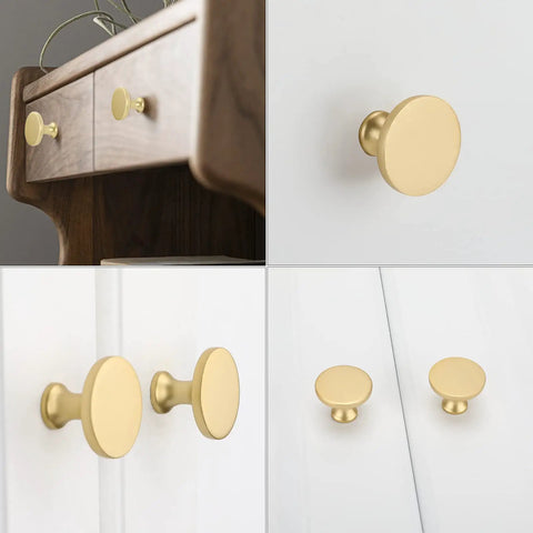 Gold Brushed Brass Cabinet Knobs 25 Pack For Cabinets And Dresser Drawers Round Mushroom Style Hardware on Wood and White Surfaces