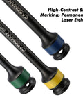 Half-Inch Drive 8 Inch Color-Coded Torque Extension Bar Set, 10-Piece, showing blue, green, yellow bars with size markings