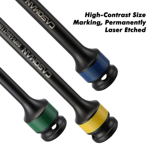 Half-Inch Drive 8 Inch Color-Coded Torque Extension Bar Set, 10-Piece, showing blue, green, yellow bars with size markings