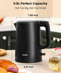 Compact Electric Kettle For Tea And Coffee 0.8L 27 Oz Double Wall Stainless Steel Space Saving Mini Hot Water Heater shown on kitchen counter