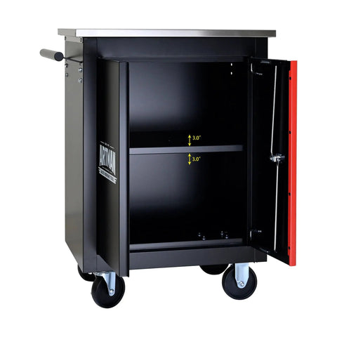 Rolling Tool Cart With Double Doors Lockable Partition And Stainless Steel Top for Garage Workshop and Warehouse Storage, open view