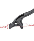 Close-up of left hydraulic disc brake lever for 50cc to 125cc Chinese dirt bikes with measurements, ergonomic design, billet aluminum.