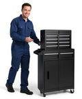 No Bull Heavy Duty Tool Organizer Chest With Boss Level Five Drawer Capacity and Detachable Top Bin, mechanics using in a garage.