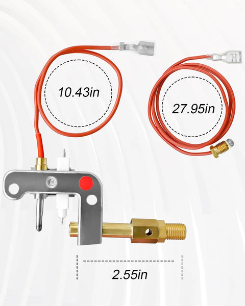 HUQUZN pilot assembly for Mr. Heater propane heater; red wires, brass valve, metal bracket.