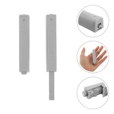 Push To Open Cabinet Hardware 4 Pack Plastic Touch Latches shown in hand and close-up views for drawers and closet doors