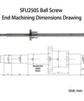 Heavy Duty SFU2505 Cnc Ball Screw 1780Mm With Anti Backlash Nut and detailed end machining dimensions drawing.