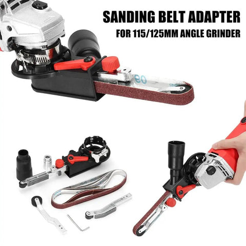 Kick Up Some Dust With This Quick Swap Angle Grinder To Belt Sander Adapter Fits 100 115 And 125 Millimeter Discs With Six Speed Switch Lock One Eighty Pivot And Sure Grip Handle mounted on a 115mm angle grinder.