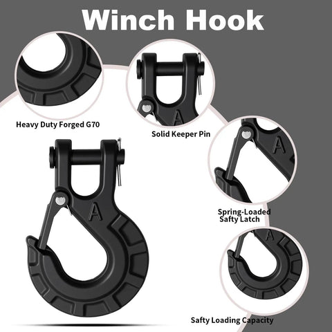 Beefed Up Forged Alloy Steel Clevis Slip Hook With Safety Latch For Heavy Duty Winch And Tow Chains One Quarter Inch 11900 Pound Load Capacity Matte Black Finish Ideal For Truck Trailer Ropes And Cables, close-up with solid keeper pin and safety latch features