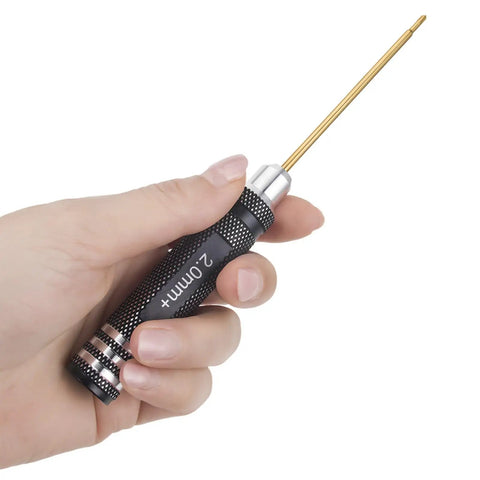 Precision 2.0Mm Phillips Screwdriver And 3.0Mm Nut Driver Set For 1 30 Scale RC Crawlers held in hand, featuring black aluminum grip and golden tip.