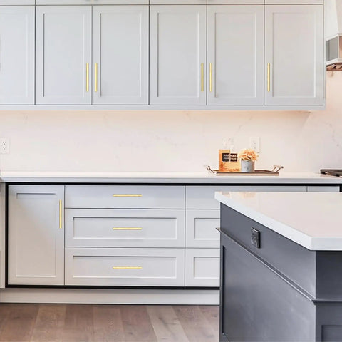 Top Shelf 10 Pack Brushed Gold Cabinet Pulls 5 Inch 128 mm Spacing Kitchen Drawer Handles For Bathroom Vanity No Sweat Setup With Top Notch Build Quality That Stands Up To Daily Use And Keeps Your Home Looking Sharp With Zero Hassle on gray kitchen cabinets.