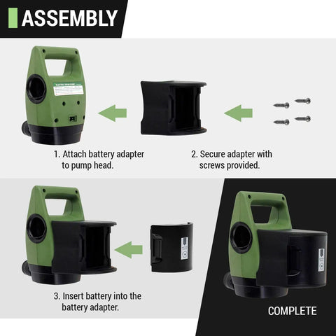 Assembly instructions for Updated Rechargeable Battery Set For TReDRUM Electric Drum Barrel Pumps with adapter and screws.