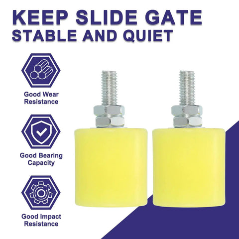 Top Shelf Heavy Duty 4 Pack Nylon Slide Gate Rollers yellow with metal bolts for smooth operation on backyard gates.