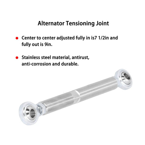 Gear Head Favorite Adjustable Alternator Tensioning Rod Bracket Seven Inch Stainless Steel Auto Parts Upgrade Kit For Small Block Chevy Engines Sbc 350 454 showing 7.5 inch stainless steel tensioning joint.