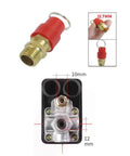 Air Compressor Pressure Switch Control Valve With One Quarter Inch PT Thread And Safety Relief Valve, Replacement Parts 90 To 120 PSI, 4 Port, 240V Auto On Off with red switch, dimensions shown