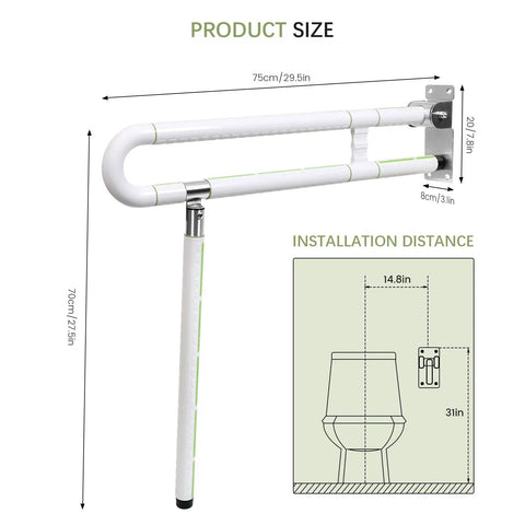 Heavy Duty 29.5 Inch Foldable Toilet Grab Bar With Flip Up Safety Rail And Foolproof Non Slip Handle dimensions and installation guide.