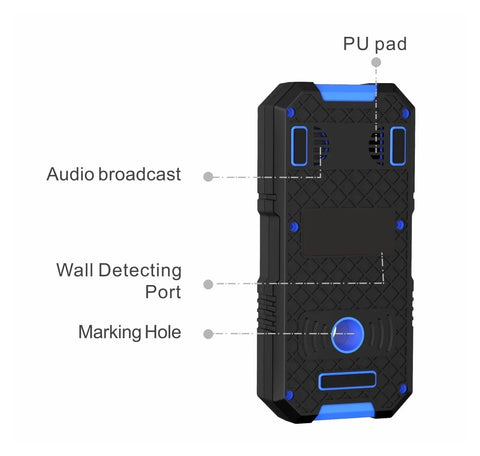 No Sweat Stud Finder And Wall Scanner With Built In Metal Detector and Live Wire Tracker showing audio broadcast and wall detecting port.