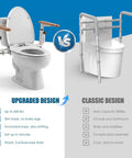 Comparison of Top Shelf Heavy Duty Adjustable Toilet Safety Rails Built Tough With Rock Solid Steel Frame for Seniors; upgraded vs classic design.