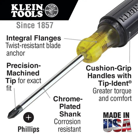 Close-up of a Klein Tools screwdriver showing precision-machined tip and chrome-plated shank, labeled for precision use, Made in USA.