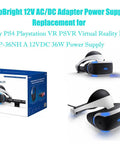 Smooth Plug And Play 12V 3A AC DC Adapter Heavy Duty Gamer Favorite For Sony PlayStation VR PSVR PSVR2 Universal Virtual Reality Headset Power Supply Cord with headset and box.
