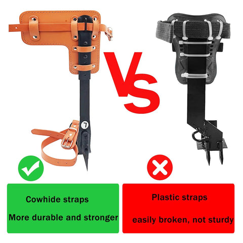 Comparison of Pro Grade Tree Climbing Spikes Set with cowhide straps and plastic straps; highlighting durability differences.