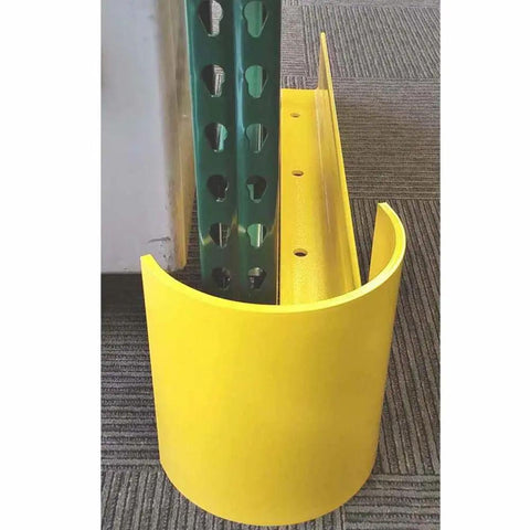 48 Inch Heavy Duty Right Hand Pallet Rack Protector Built Like A Tank Featuring Rock Hard Steel Half Moon Guard and yellow sloped bracket.