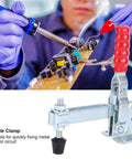 Quick Toggle Clamp For Metal Plate And Circuit Board Positioning Iron Welding Fixture Clamp With Plastic Handle 14 By 15 Cm Manual Holding Tool For Stable Machine Operation, red handle toggle clamp with adjustable screw on circuit board