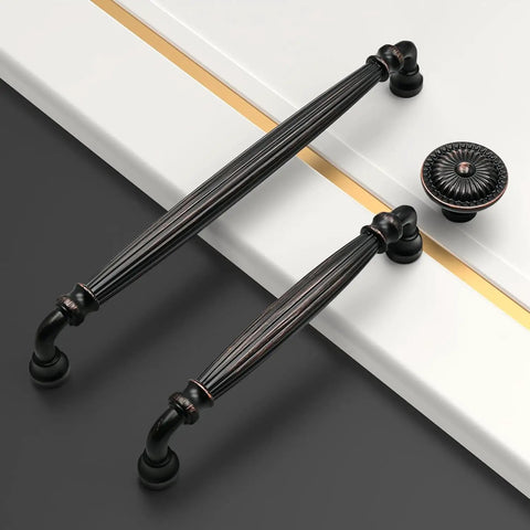 Slick 4 Inch Oil Rubbed Bronze Kitchen Cabinet Handles with Heft Smooth Pulls for Cabinets and Drawers Dark Satin Finish Easy Install Hardware That Makes Your Kitchen Look Sharp as a Pin 10 Pack close-up showing textured handle design