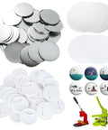 Three Inch Button Maker Kit With 800 Pieces Of Button Parts For DIY Badge Making Includes 200 Metal Button Covers 200 Back Pins 200 Clear Films And 200 Blank Papers, featuring metal covers, back pins, and machine.