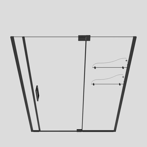 Built Different Hinged Shower Door In Matte Black With Integrated Dual Shelves fits width 59 to 60 inches and height 76 inches top view with caddies.