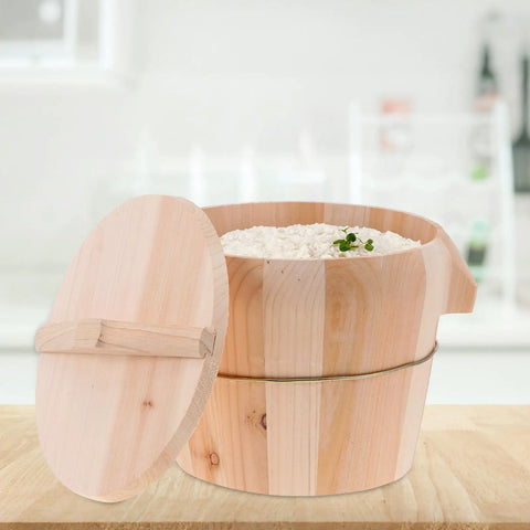 Sweet Wooden Rice Container Bucket With Sturdy Side Handle For Steaming Perfectly Fragrant And Chewy Rice Using Safe Odorless Material For Busy Home Chefs Who Want That Good Vibes Cooking Experience Today with rice inside.