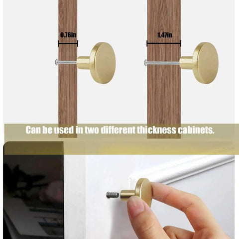 Hella Slick Gold Drawer Knobs With Screws 30mm Cabinet Pulls mounted on two thicknesses of cabinets for versatility.