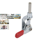 Close-up of push pull action toggle clamp with quick release for woodworking jigs and fixtures, metal body, red handle.