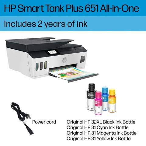 Wireless All-In-One Printer With Refillable Ink Tanks, 2 Years Of Ink Included, shown with power cord and HP ink bottles