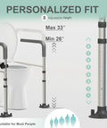 Legit Rock Solid Toilet Safety Rails, 350 Lbs Capacity Adjustable Grab Bars showing adjustable height settings from 26 to 33 inches.