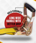 Close-up of Heavy Duty 10 Pack 2 Inch By 30 Foot Ratchet Tie Down Straps With Flat Hooks Yellow with gold chromate handle detail.