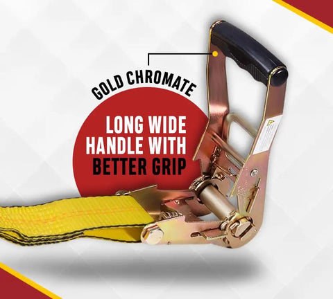Close-up of Heavy Duty 10 Pack 2 Inch By 30 Foot Ratchet Tie Down Straps With Flat Hooks Yellow with gold chromate handle detail.
