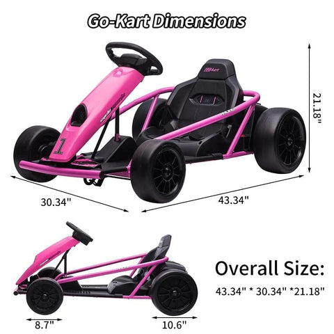 Heavy Duty Electric Go Kart For Kids 8 To 14, 24V Ride On Racing Toy With Dual 300W Motors, pink frame, shown in size dimensions