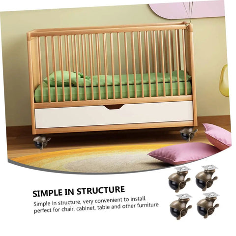 Heavy Duty Vintage Brass Retractable Caster Wheels 4 Pack under a wooden crib, showing smooth mobility for furniture.